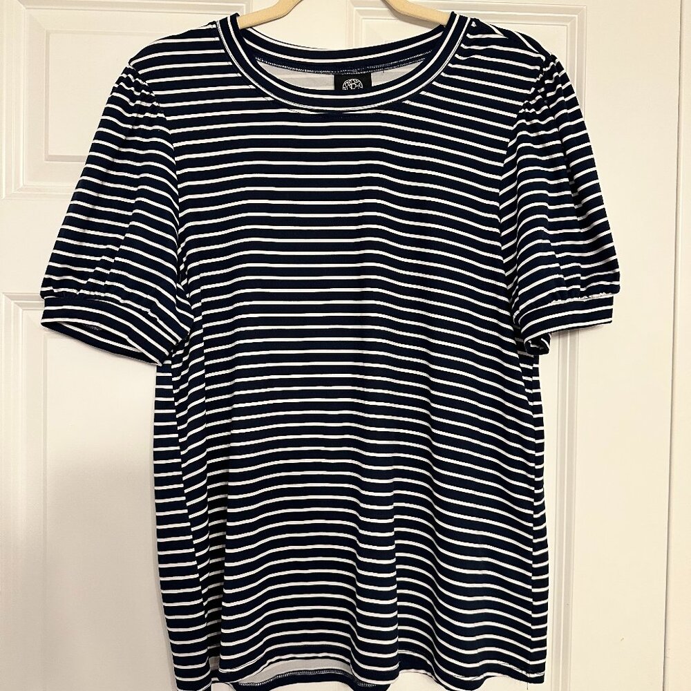 Bobeau Navy & White Striped Puff Sleeve Tee